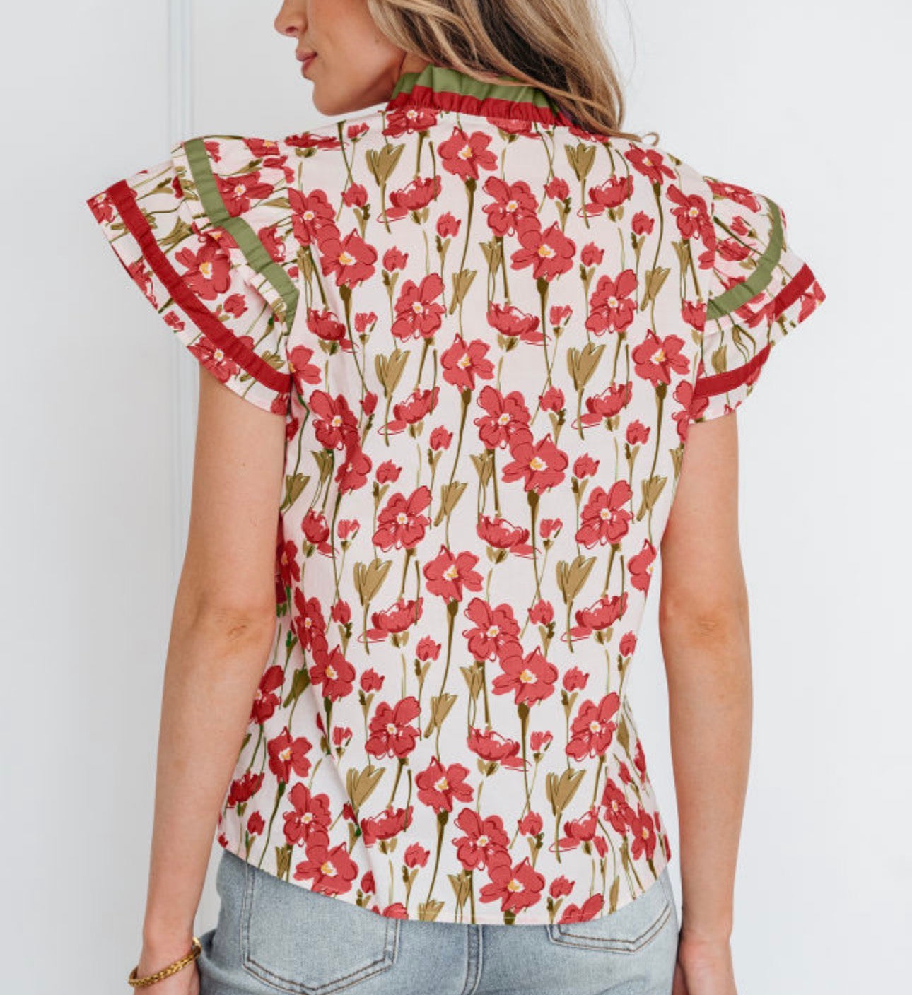 Floral Print Contrast Trim V Neck Double Ruffled Short Sleeve Blouse