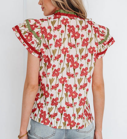Floral Print Contrast Trim V Neck Double Ruffled Short Sleeve Blouse