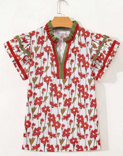 Floral Print Contrast Trim V Neck Double Ruffled Short Sleeve Blouse