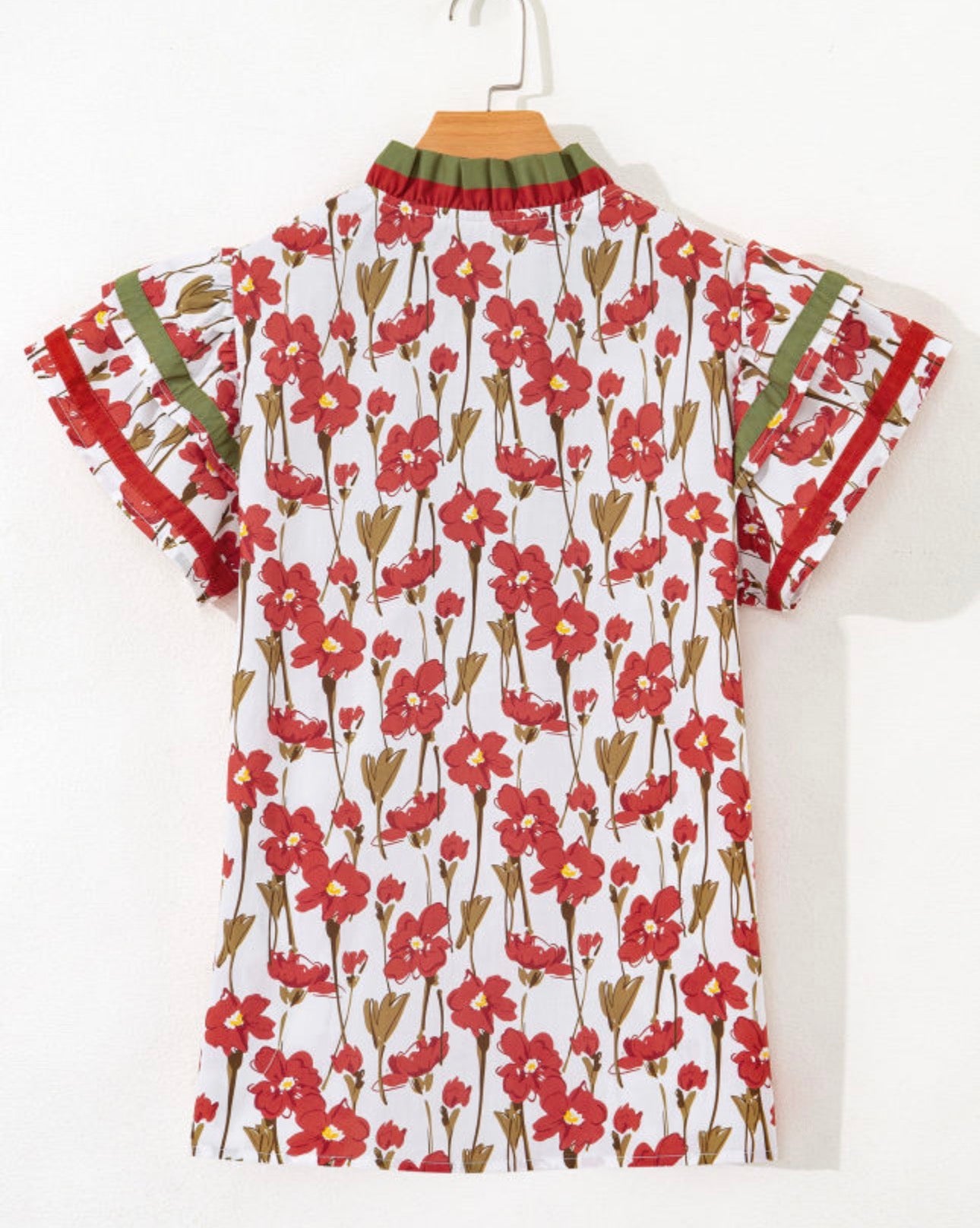 Floral Print Contrast Trim V Neck Double Ruffled Short Sleeve Blouse