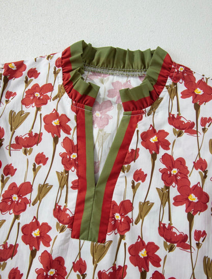 Floral Print Contrast Trim V Neck Double Ruffled Short Sleeve Blouse