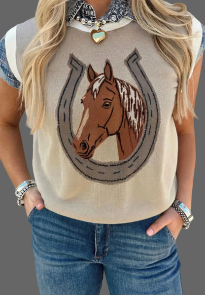 Parchment Horse Shoe Print Color Block Trim Sleeveless Sweater