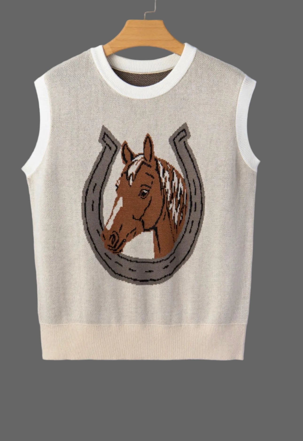 Parchment Horse Shoe Print Color Block Trim Sleeveless Sweater