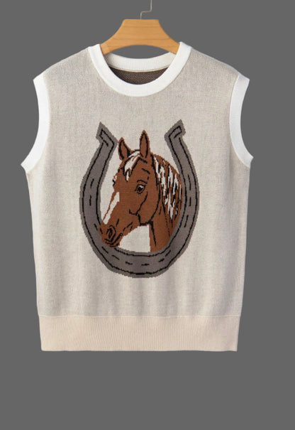 Parchment Horse Shoe Print Color Block Trim Sleeveless Sweater