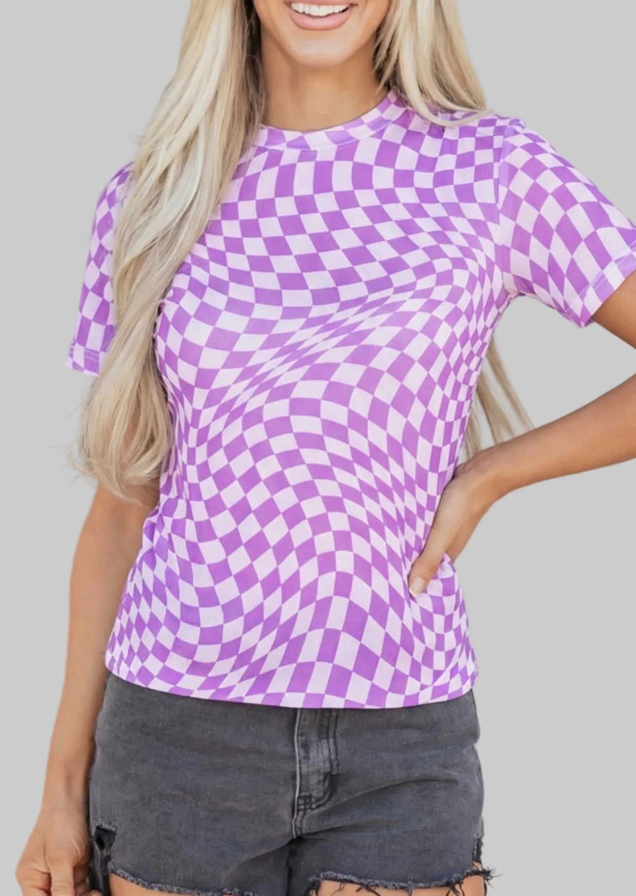 Checked Print Crew Neck Mesh T Shirt
