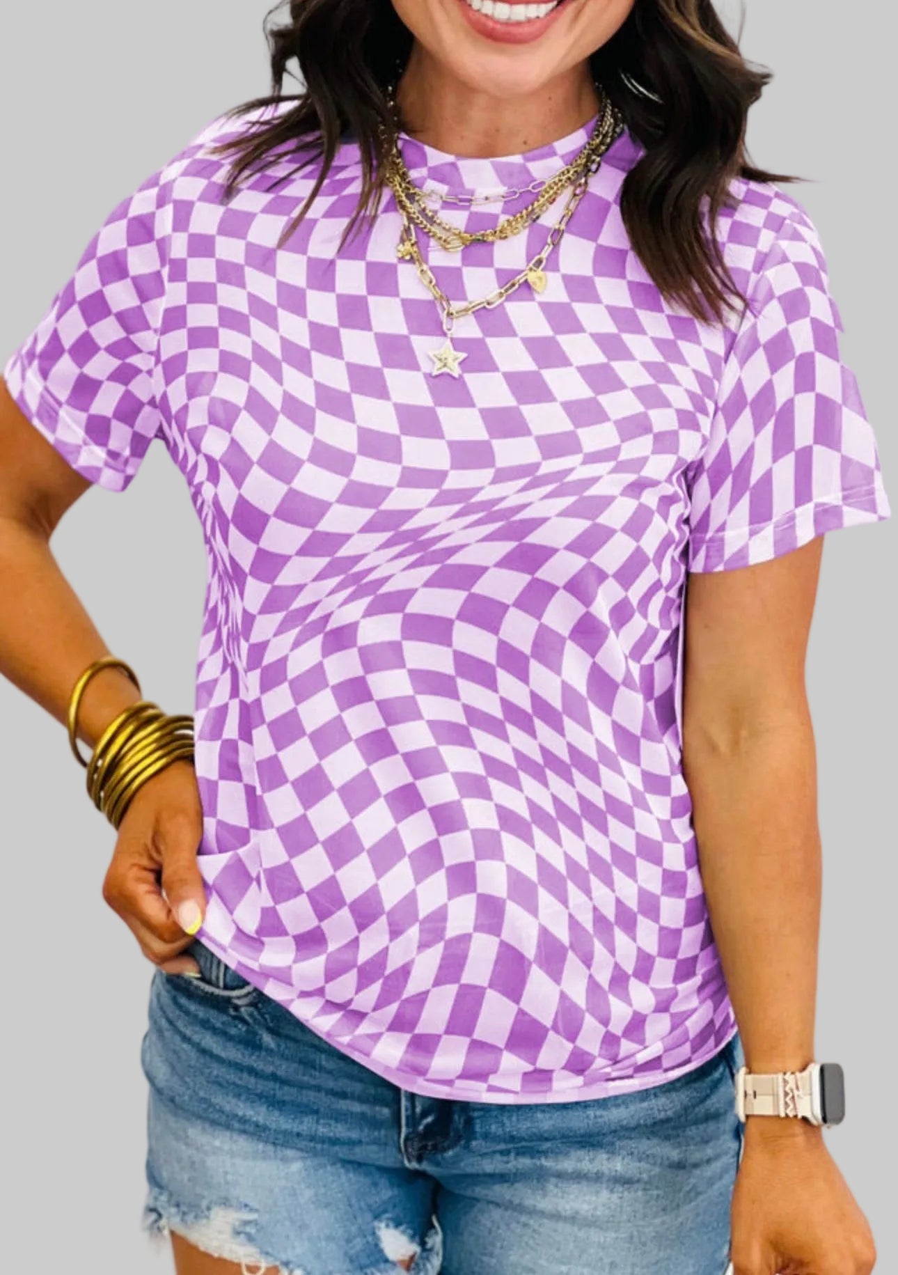 Checked Print Crew Neck Mesh T Shirt
