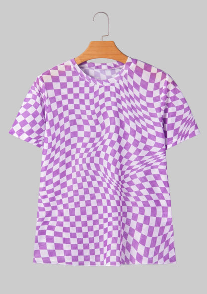 Checked Print Crew Neck Mesh T Shirt