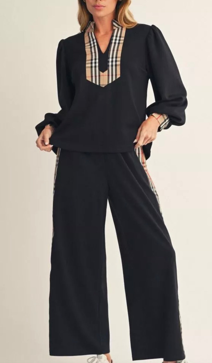 Women's Side Plaid Accent Wide Leg Sweatpants
