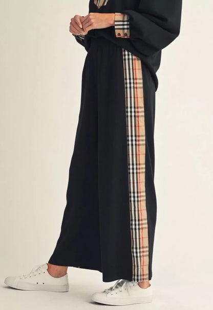 Women's Side Plaid Accent Wide Leg Sweatpants