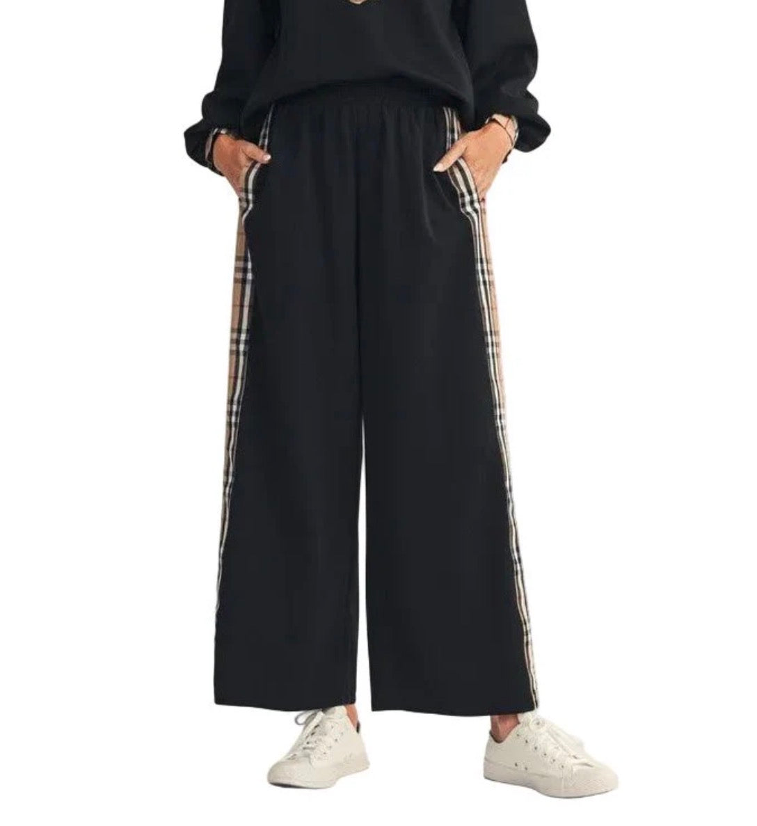 Women's Side Plaid Accent Wide Leg Sweatpants