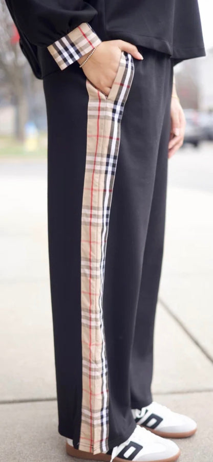 Women's Side Plaid Accent Wide Leg Sweatpants