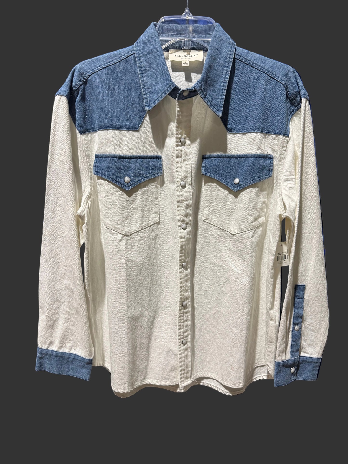 White and Denim Pearl Snap Long Sleeve Blouse