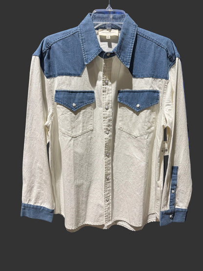 White and Denim Pearl Snap Long Sleeve Blouse