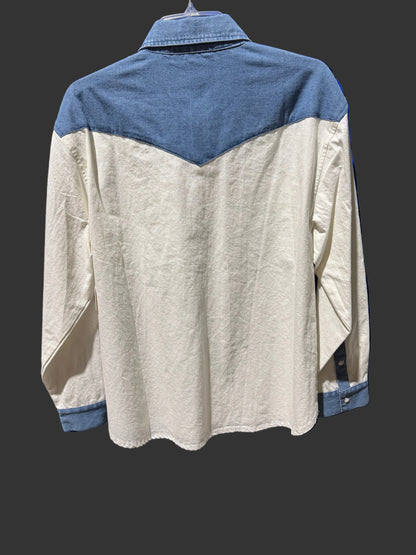 White and Denim Pearl Snap Long Sleeve Blouse