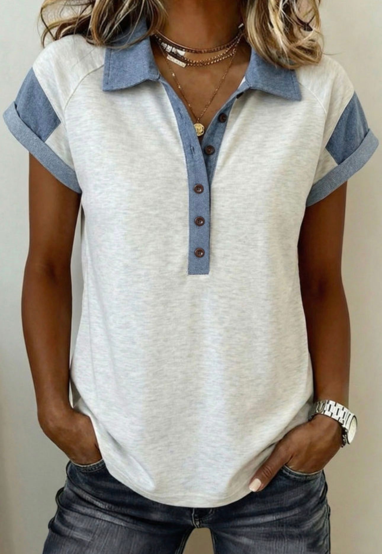 Light Gray Denim Color Block Patchwork Shirt Collar Short Sleeve Blouse