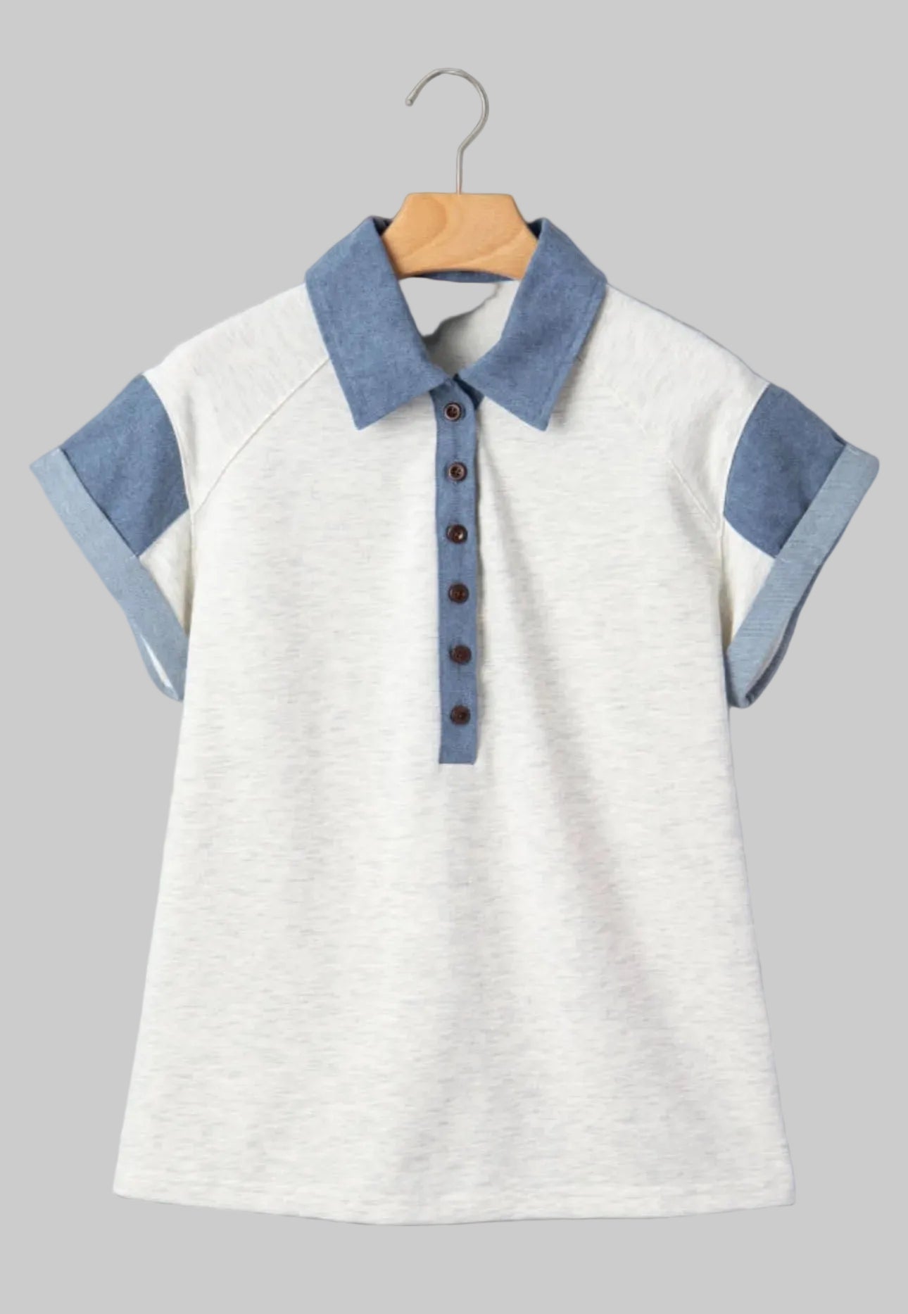 Light Gray Denim Color Block Patchwork Shirt Collar Short Sleeve Blouse