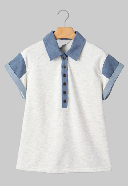 Light Gray Denim Color Block Patchwork Shirt Collar Short Sleeve Blouse