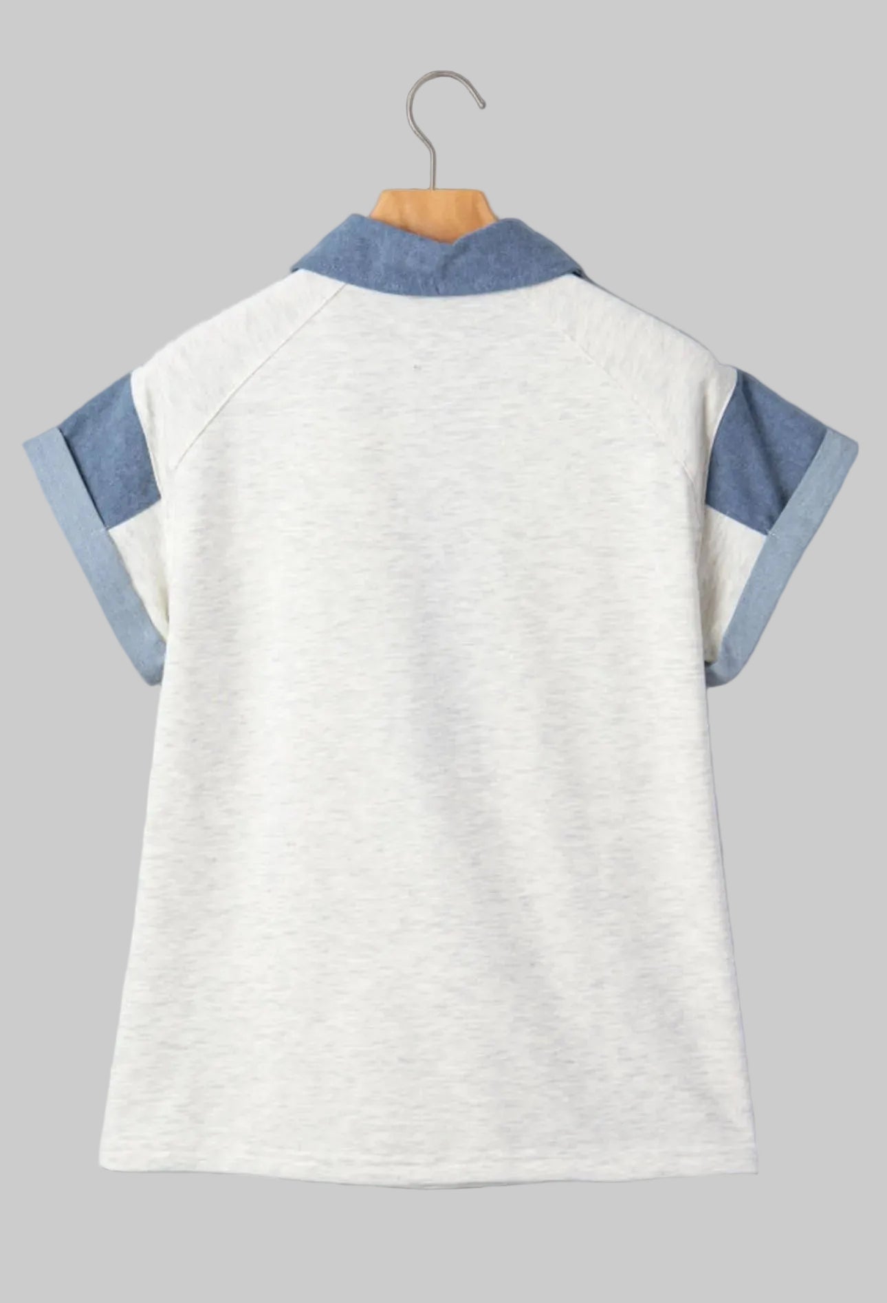 Light Gray Denim Color Block Patchwork Shirt Collar Short Sleeve Blouse