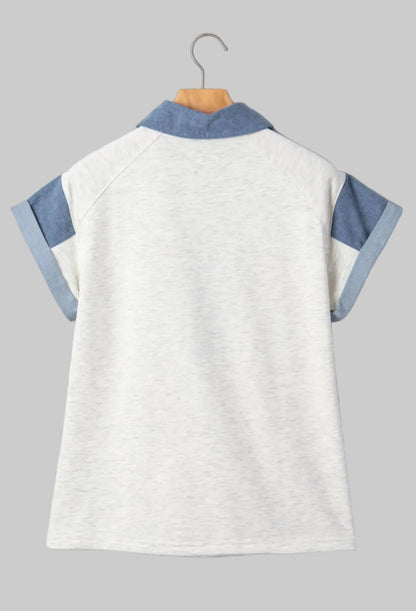 Light Gray Denim Color Block Patchwork Shirt Collar Short Sleeve Blouse