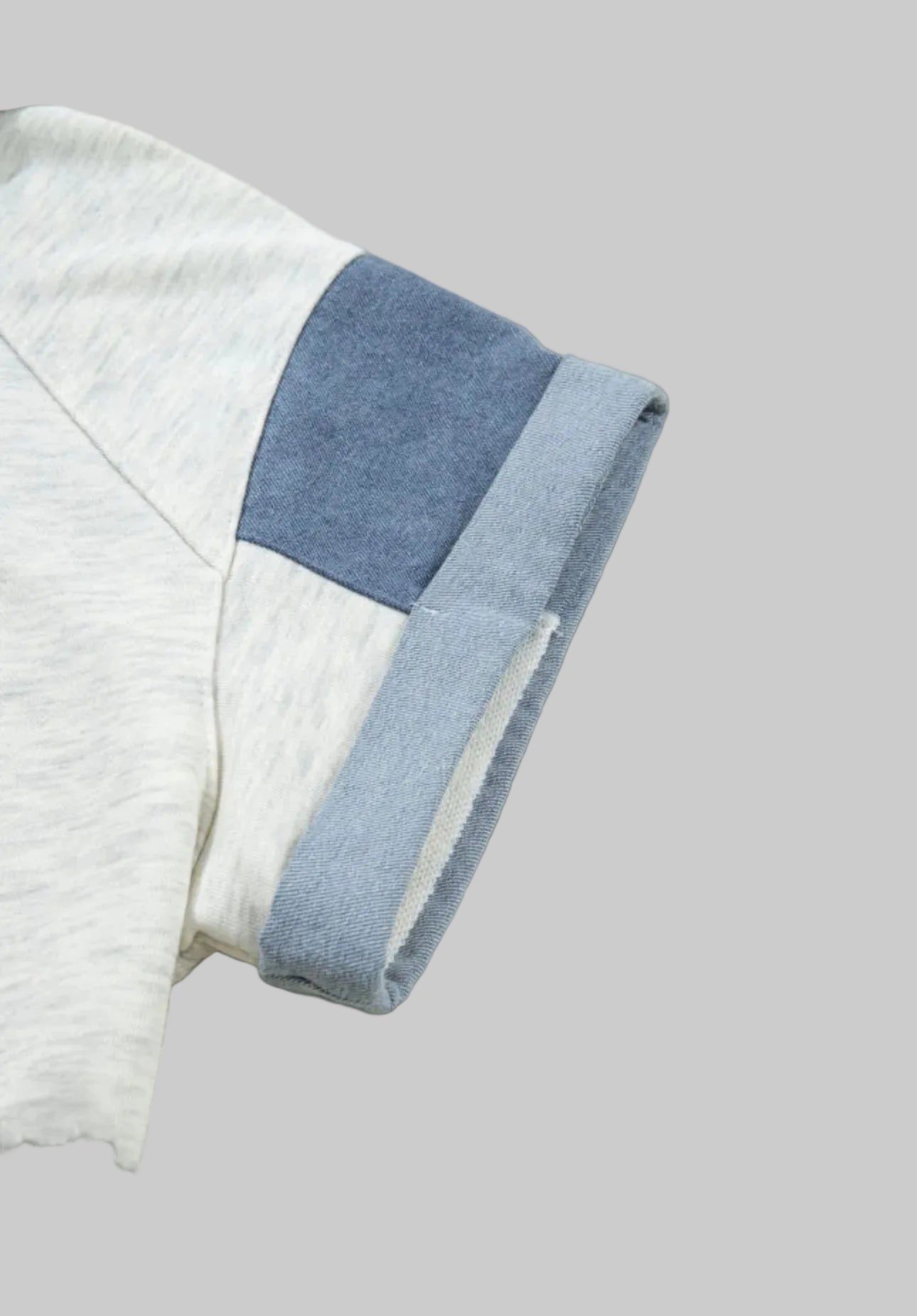 Light Gray Denim Color Block Patchwork Shirt Collar Short Sleeve Blouse