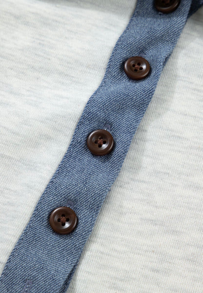 Light Gray Denim Color Block Patchwork Shirt Collar Short Sleeve Blouse