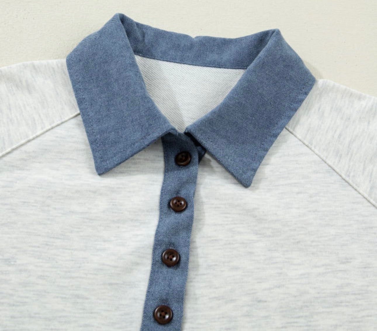Light Gray Denim Color Block Patchwork Shirt Collar Short Sleeve Blouse