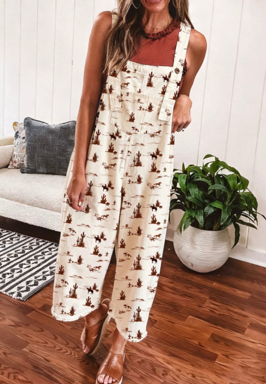 Western Printed Botton Adjustable Overalls