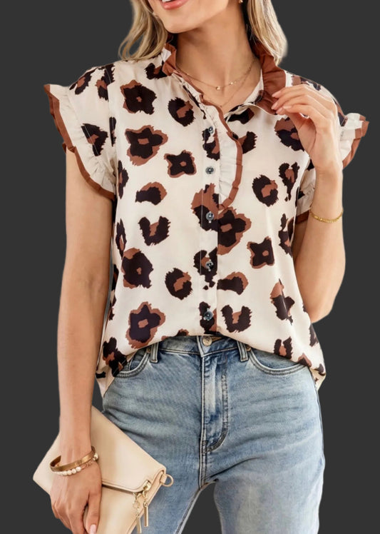 Khaki Leopard Printed Ruffle Sleeve Blouse