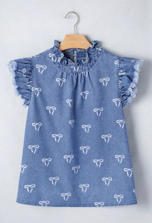 Frilled Collar Flutter Sleeve Denim Blouse