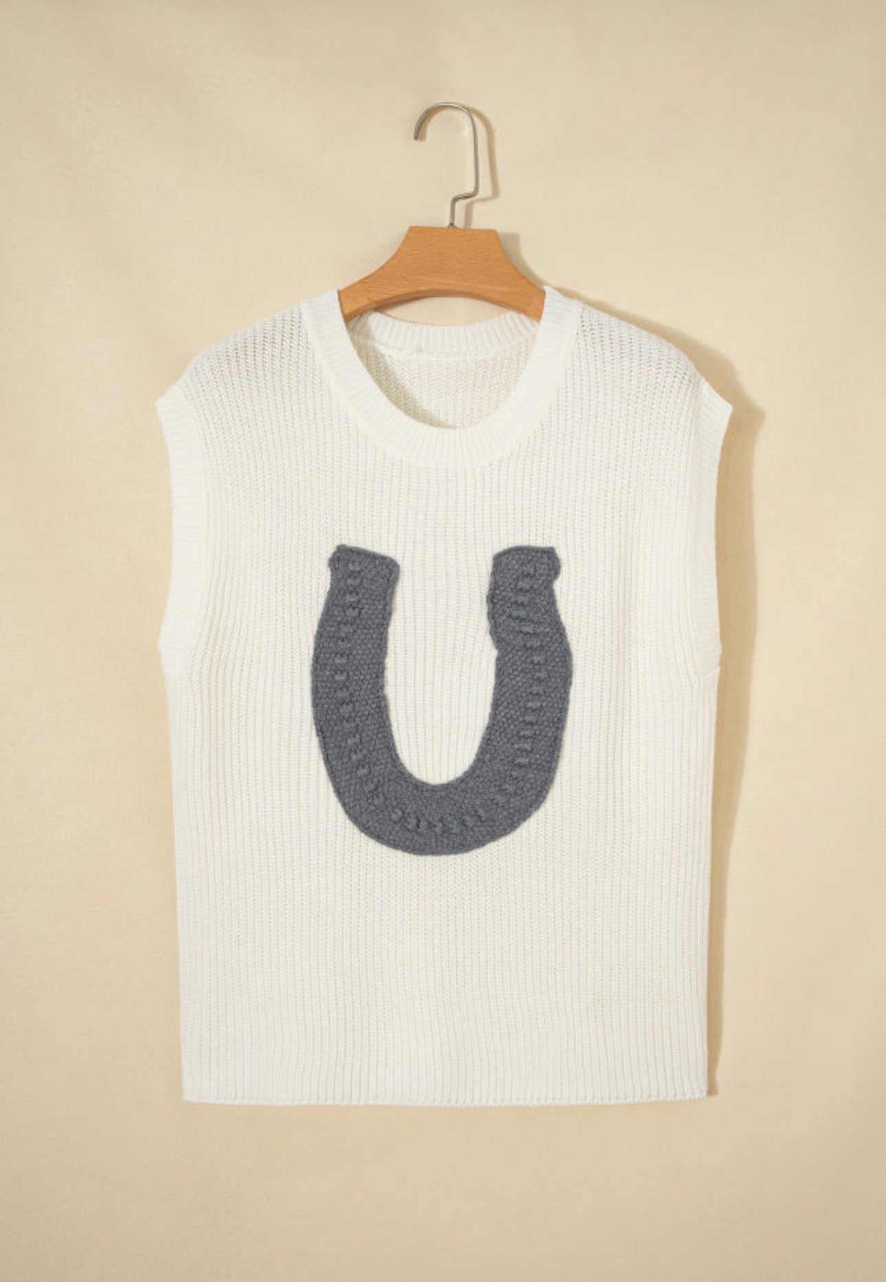 White Crochet Horseshoe Short Sleeve Sweater