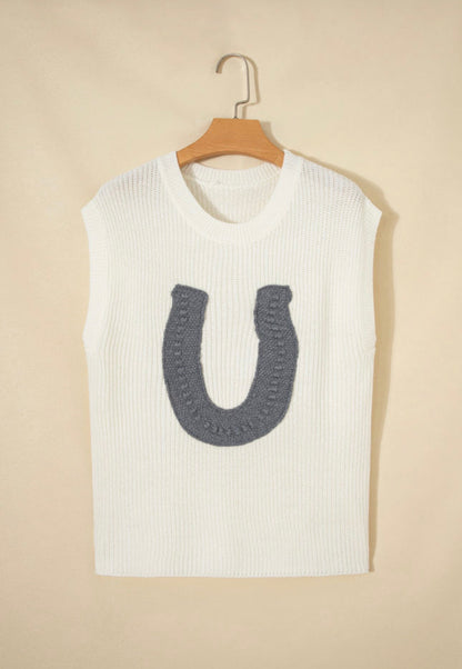 White Crochet Horseshoe Short Sleeve Sweater