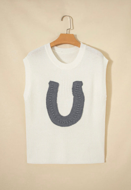 White Crochet Horseshoe Short Sleeve Sweater