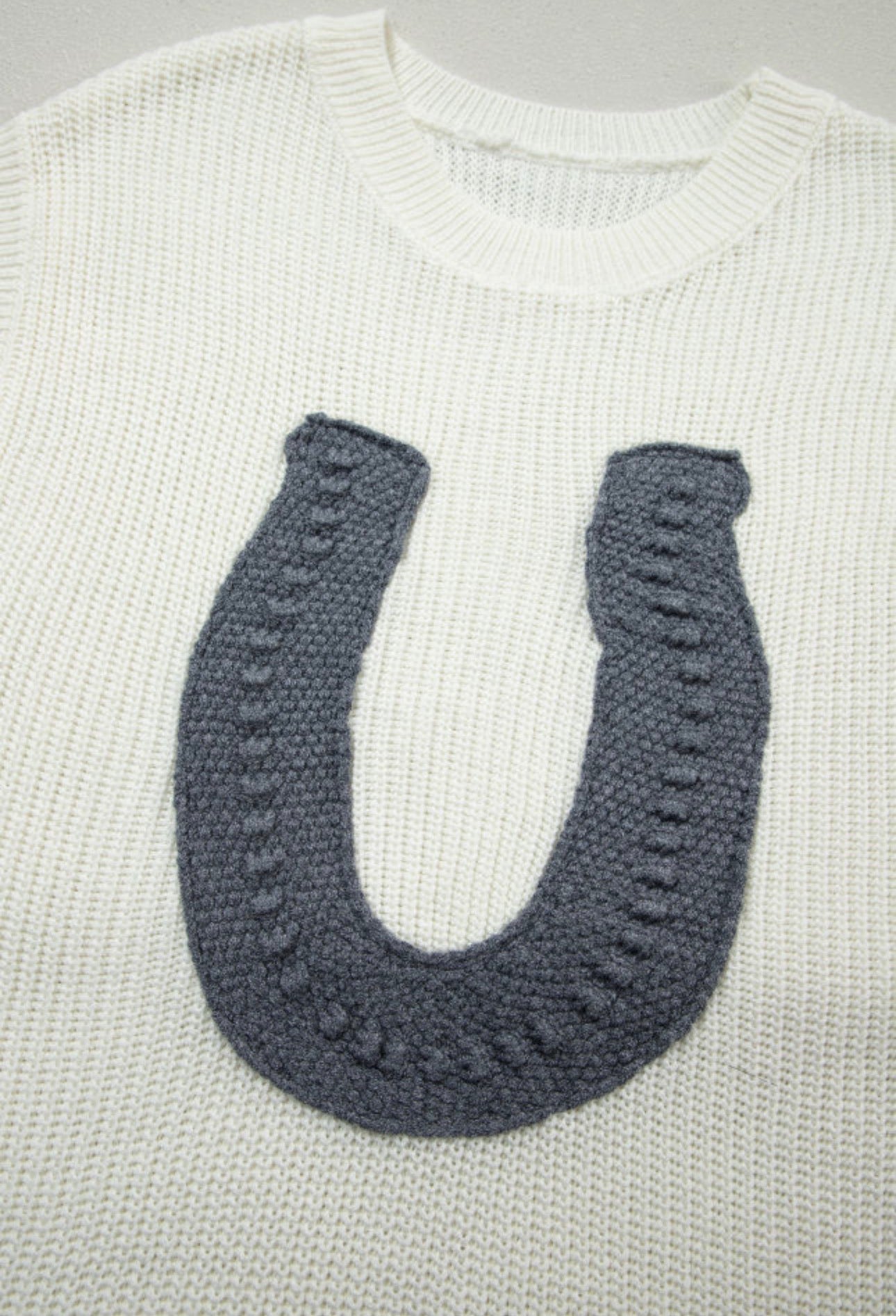 White Crochet Horseshoe Short Sleeve Sweater