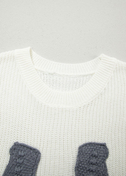 White Crochet Horseshoe Short Sleeve Sweater