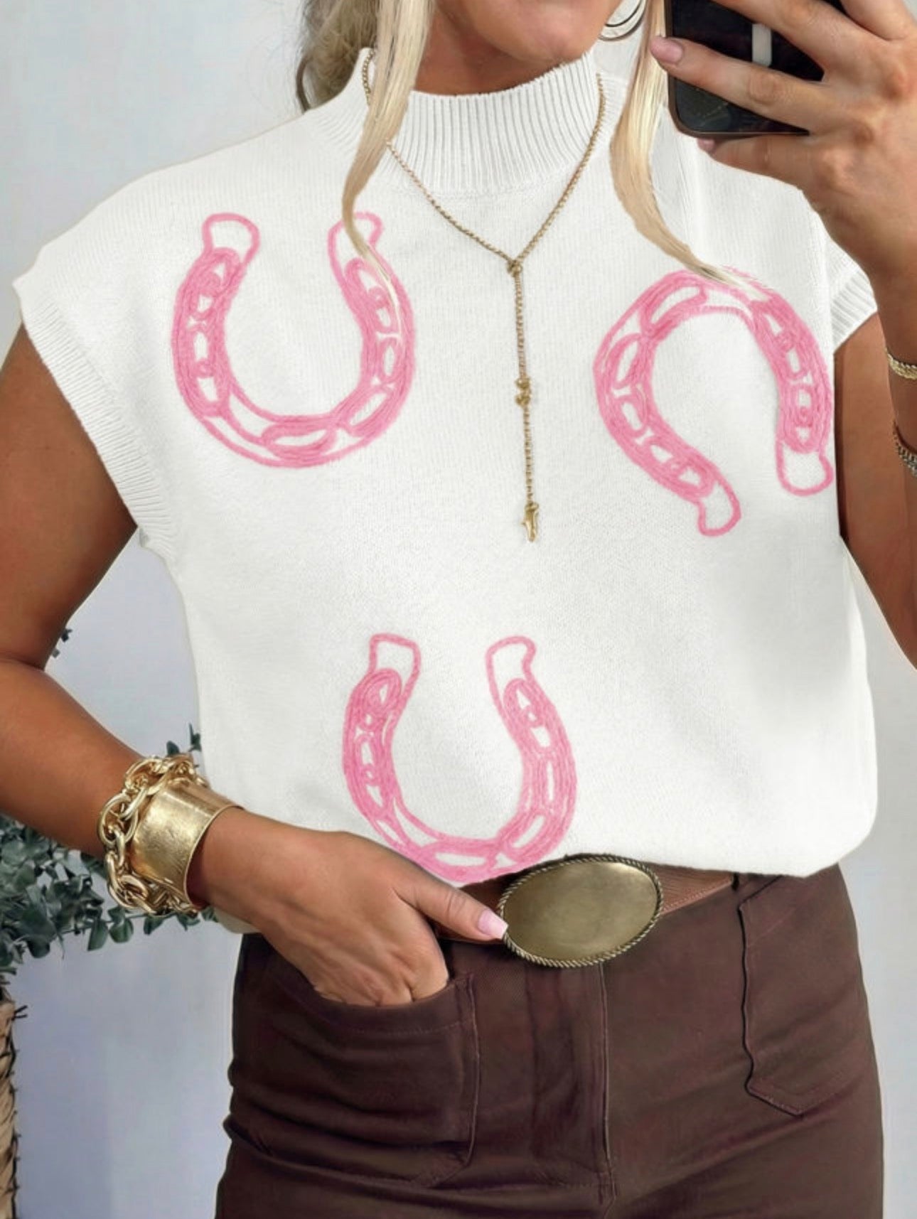 Parchment Corded Horseshoe Ribbed Trim Mock Neck Short Sleeve Sweater