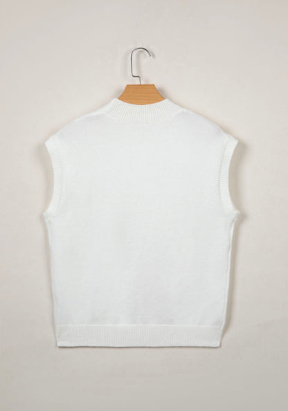 Parchment Corded Horseshoe Ribbed Trim Mock Neck Short Sleeve Sweater