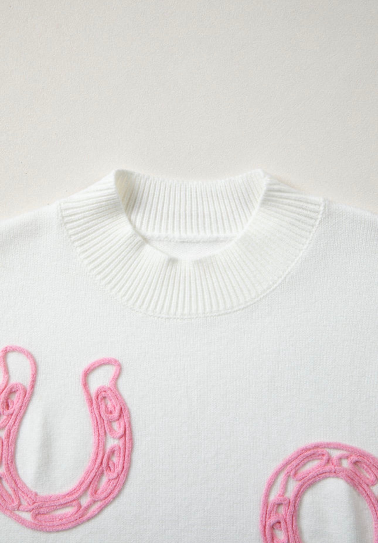 Parchment Corded Horseshoe Ribbed Trim Mock Neck Short Sleeve Sweater