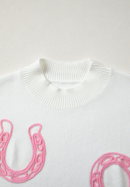 Parchment Corded Horseshoe Ribbed Trim Mock Neck Short Sleeve Sweater