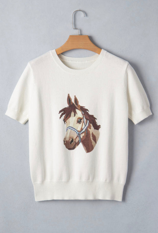 White Wild West Horse Head Printed Sweater