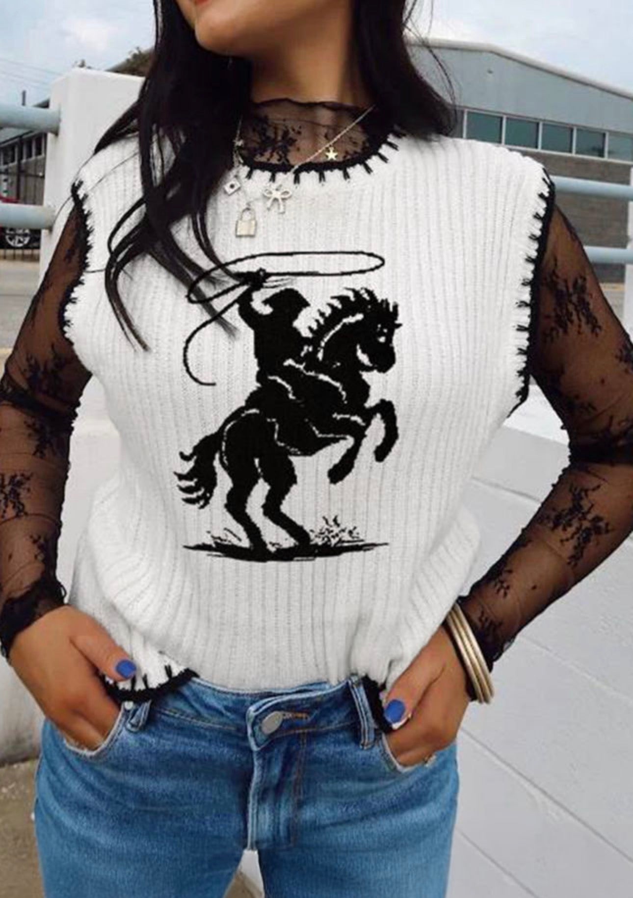 White Contrast Trim Round Neck Rodeo Cowboy Sweater Vest