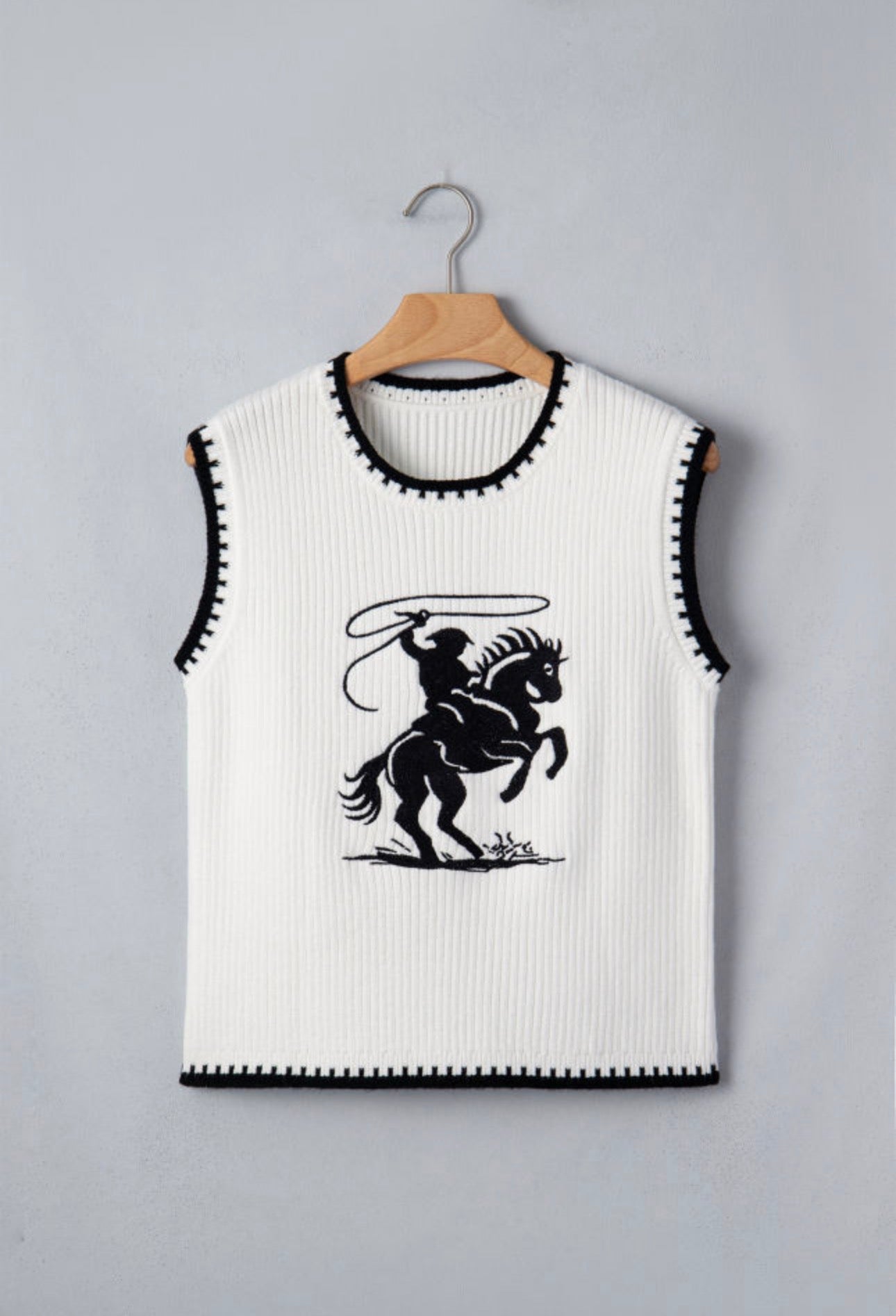 White Contrast Trim Round Neck Rodeo Cowboy Sweater Vest