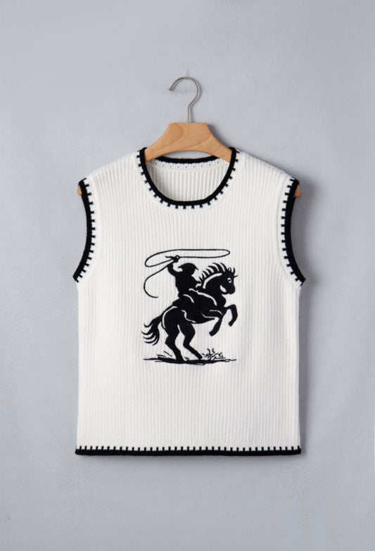 White Contrast Trim Round Neck Rodeo Cowboy Sweater Vest