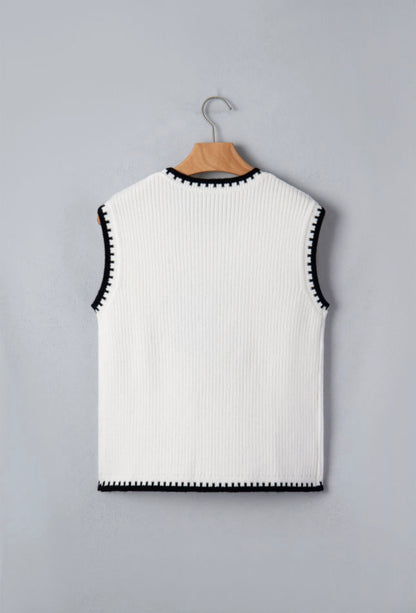 White Contrast Trim Round Neck Rodeo Cowboy Sweater Vest