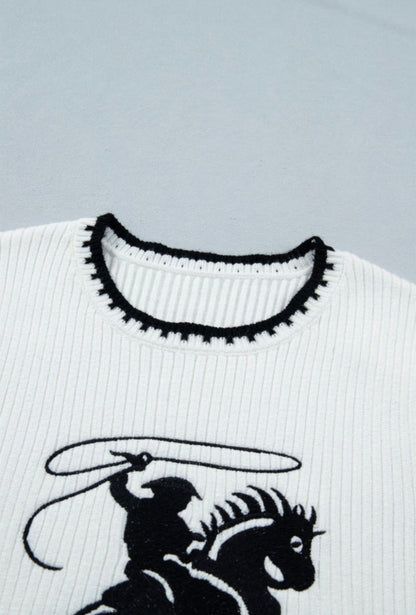 White Contrast Trim Round Neck Rodeo Cowboy Sweater Vest