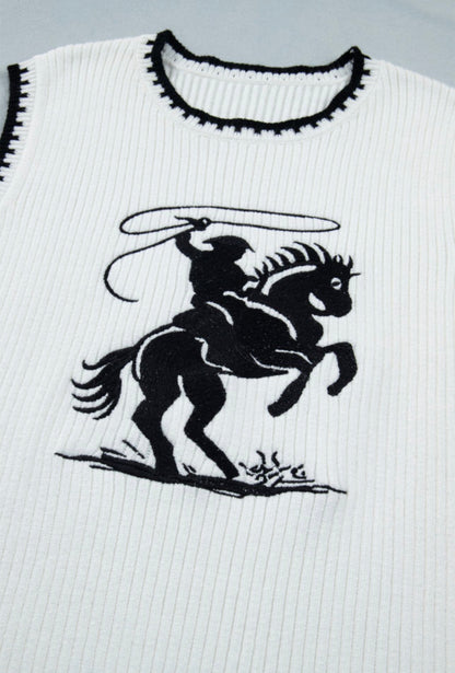 White Contrast Trim Round Neck Rodeo Cowboy Sweater Vest