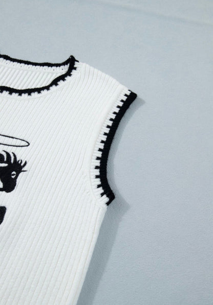 White Contrast Trim Round Neck Rodeo Cowboy Sweater Vest