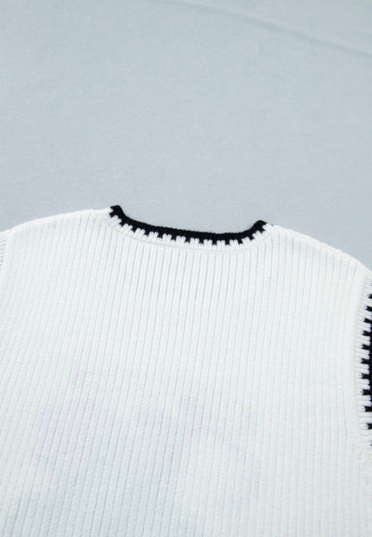 White Contrast Trim Round Neck Rodeo Cowboy Sweater Vest