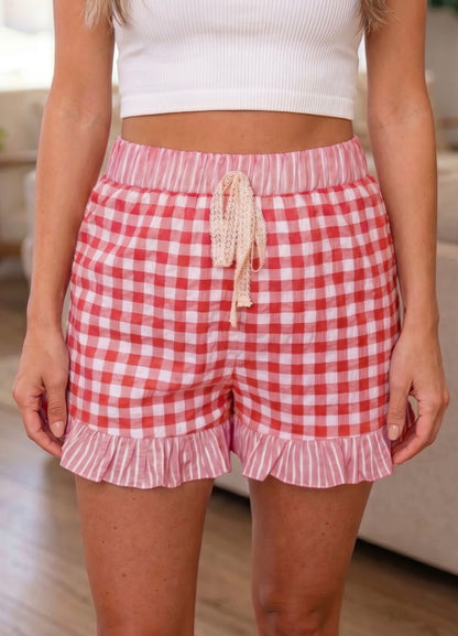 Gingham Print Ruffle Striped detail Lace Tie Shorts