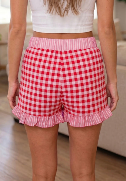 Gingham Print Ruffle Striped detail Lace Tie Shorts