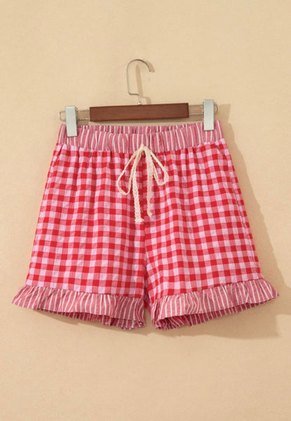 Gingham Print Ruffle Striped detail Lace Tie Shorts